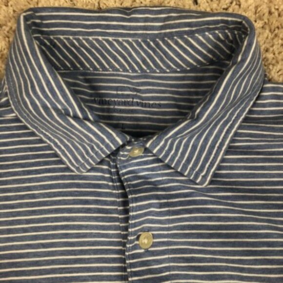 Vineyard Vines Mens Blue White Striped Polo Golf Shirt Large W Pocket Whale - Picture 3 of 9